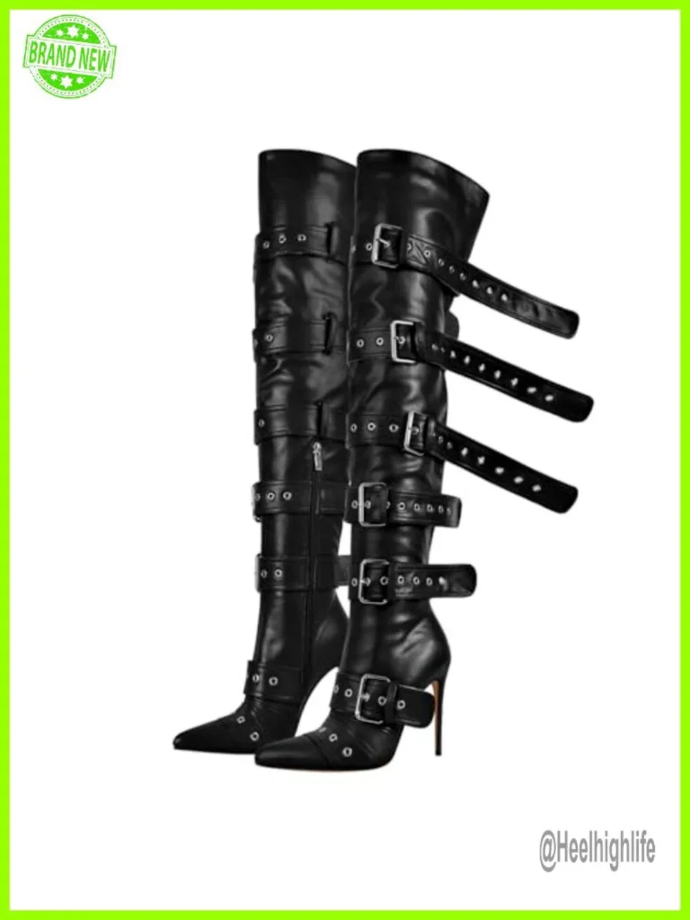 Multi-Buckle Strap Over the Knee Pointed Toe Stiletto Heeled Boots